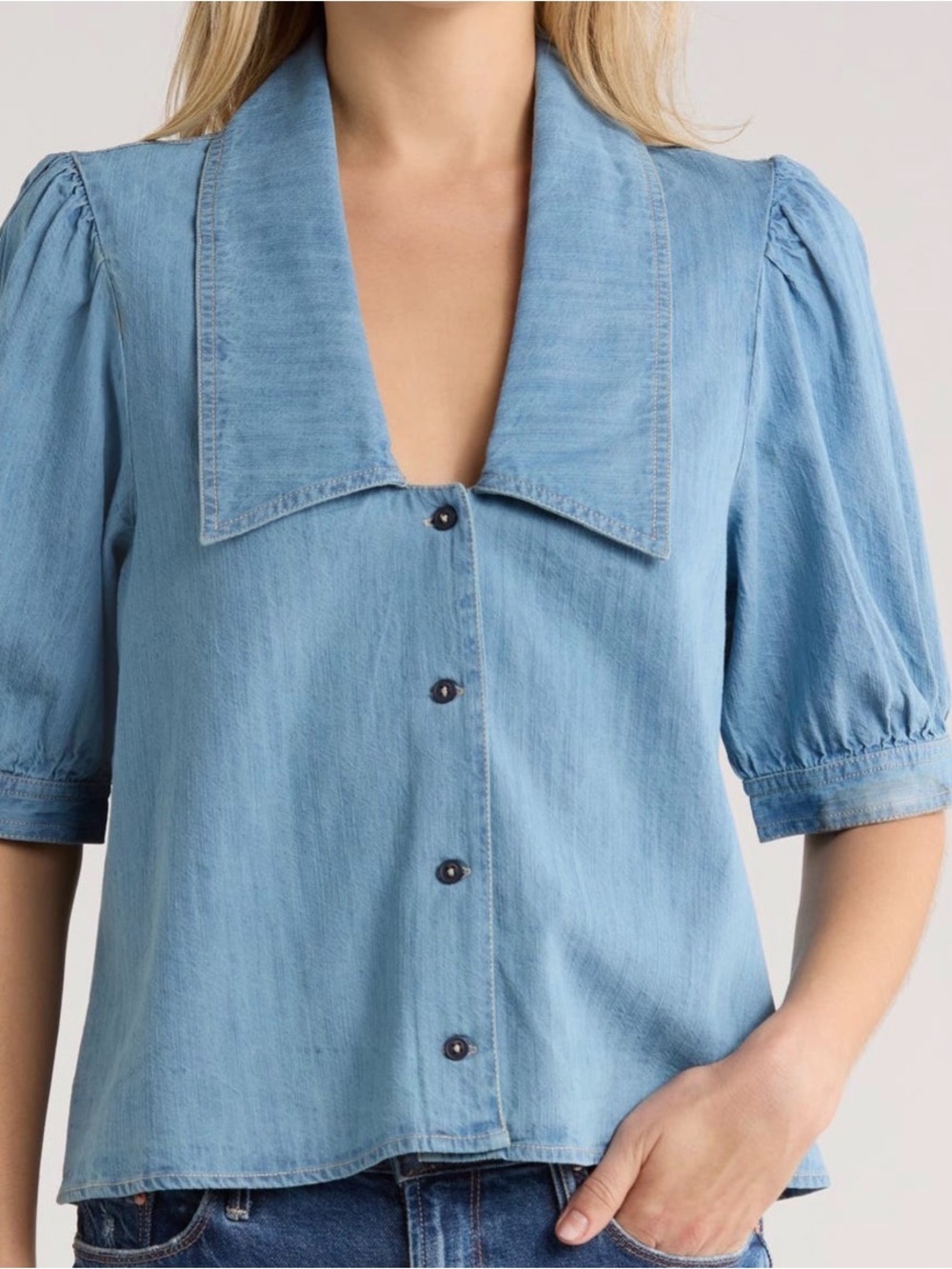 Avec Les Filles Sailor Collar Light Blue Denim Puff-Sleeve Button down top